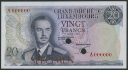 Banknoten Banknoten Europa
 Luxemburg, Grand Duché de Luxemburg, 20 Franc 7.3.1966, Specimen, gelocht, P. 54s, Erh. I