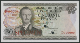 Banknoten Banknoten Europa
 Luxemburg, 2x 50 Francs 25.8.1972, Specimen, Serie D 000000, P 55s, gelocht, kassenfrisch. I