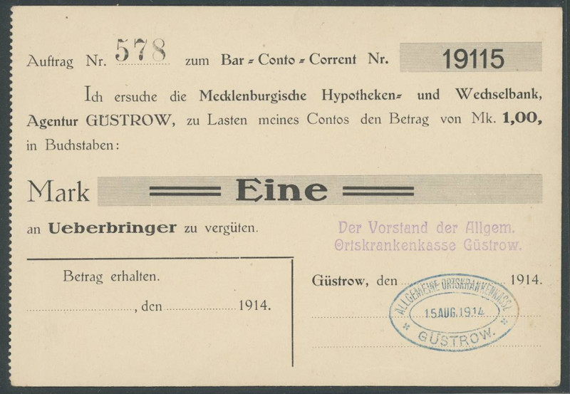 Banknoten Notgeld Scheine
 Güstrow (M-V), 1 Mark 15.8.1914, Gedruckter Check de...