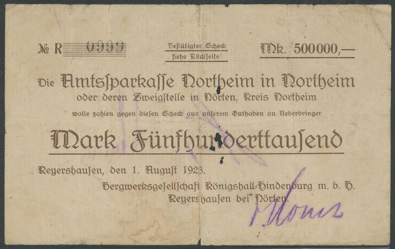 Banknoten Notgeld Scheine
 Reyershausen (NS), 500 000 Mark 1.8.1923, Gedruckter...