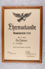 Urkunden, Dokumente und Unterschriften
 Großformatige Ehrenurkunde, Bannsportfest 1938, "Dem 2. Sieger ... im 100m Lauf" "Siegen im Juni 1938" mit Un...