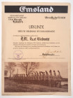 Urkunden, Dokumente und Unterschriften
 Schmuck-Verleihungsurkunde Emslandband datiert 23.10.37, Knicke und leichte Einrisse, Zustand 2-3.