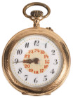 Taschenuhren 1801-1900
 Offene Taschenuhr, um 1890. Ca. 28,3mm, 585er Gold, Handaufzug. Emailliertes Ziffernblatt mit Louis XV Zeigern und roter 24h ...
