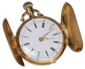 Taschenuhren 1801-1900
 Savonette Taschenuhr. Ca. 36,5mm, 750er Gold, Handaufzug. Emailliertes Ziffernblatt mit goldenen Zeigern und schwarzen arabis...
