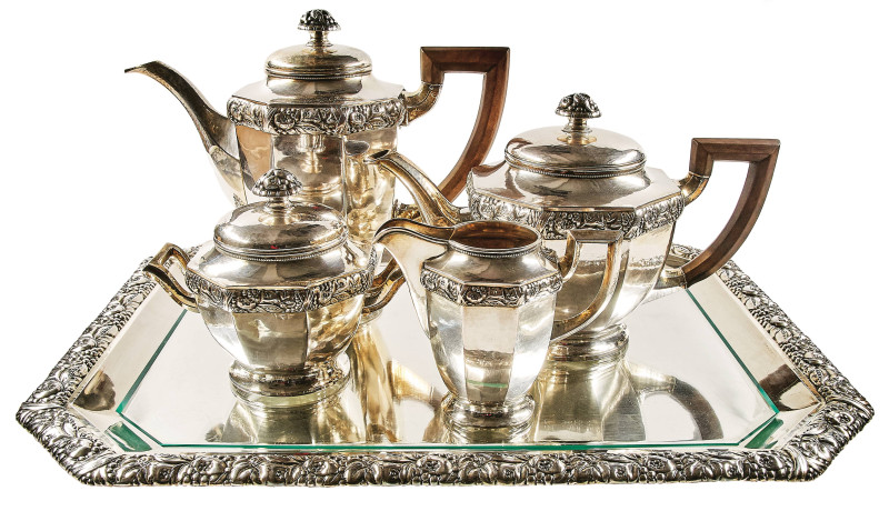 Silber & Versilbertes
 Jugendstil Ensemble, 5-tlg. Kaffee- u. Teeservice mit Gr...