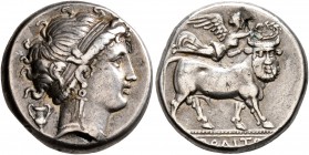 CAMPANIA. Neapolis. Circa 320-300 BC. Didrachm or Nomos (Subaeratus, 18 mm, 5.67 g, 7 h). Diademend head of a nymph to right, wearing triple-pendant e...