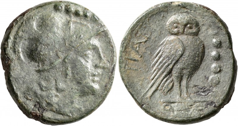 APULIA. Teate. Circa 225-200 BC. Quincunx (Bronze, 25 mm, 11.45 g, 1 h). Head of...