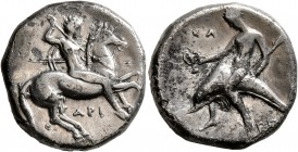 CALABRIA. Tarentum. Circa 332-302 BC. Didrachm or Nomos (Silver, 20 mm, 7.58 g, 9 h), Ari..., Kl... and Epa..., magistrates. Nude rider on horse gallo...