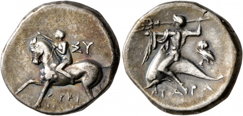 CALABRIA. Tarentum. Circa 302-280 BC. Didrachm or Nomos (Silver, 20 mm, 6.45 g, ...