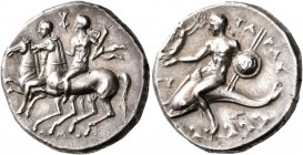 CALABRIA. Tarentum. Circa 280-272 BC. Didrachm or Nomos (Silver, 21 mm, 6.55 g, 5 h), Phy..., Sodamos and Gu..., magistrates. The Dioskouroi riding ho...