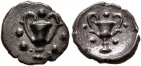 CALABRIA. Tarentum. Circa 280-228 BC. Obol (Silver, 10 mm, 0.56 g, 3 h). Kantharos; five pellets around. Rev. Kantharos; five pellets around. HN Italy...
