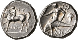 CALABRIA. Tarentum. Circa 272-240 BC. Didrachm or Nomos (Silver, 18 mm, 6.55 g, 3 h), Ey..., Phi... and Tistiar..., magistrates. EY / [ΦI] / TI-ΣTIAP ...