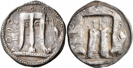 BRUTTIUM. Kroton. Circa 500-480 BC. Stater (Silver, 26 mm, 7.89 g, 12 h). ϘPO Tripod with legs ending in lion's feet; to right, heron. Rev. Ϙ PO Same ...