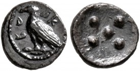 SICILY. Akragas. Circa 460s-440s BC. Pentonkion (Silver, 7 mm, 0.24 g). AK- RA Eagle standing left with closed wings. Rev. Five pellets (mark of value...