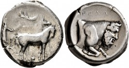 SICILY. Gela. Circa 420-415 BC. Tetradrachm (Silver, 24 mm, 17.22 g, 8 h). Charioteer driving quadriga moving slowly to the right; above, Nike flying ...
