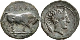 SICILY. Gela. Circa 420-405 BC. Tetras or Trionkion (Bronze, 17 mm, 3.24 g, 10 h). ΓΕΛAΣ Bull standing right; in exergue, three pellets (mark of value...