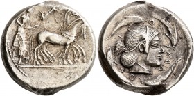 SICILY. Syracuse. Deinomenid Tyranny, 485-466 BC. Tetradrachm (Silver, 24 mm, 17.45 g, 6 h), circa 475-470. Charioteer driving quadriga walking to rig...