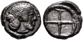 SICILY. Syracuse. Deinomenid Tyranny, 485-466 BC. Obol (Silver, 8 mm, 0.55 g), circa 475-470. Diademed head of Arethusa to right. Rev. Wheel of four s...