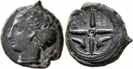 SICILY. Syracuse. Second Democracy, 466-405 BC. Hemilitron (Bronze, 16 mm, 3.82 g, 9 h), circa 405. Head of Arethusa to left, hair in sphendone. Rev. ...