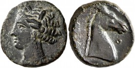CARTHAGE. Circa 300-264 BC. AE (Bronze, 18 mm, 5.26 g, 1 h), Sardinian mint (?). Wreathed head of Tanit to left. Rev. Head of a horse to right; before...