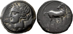 CARTHAGE. Second Punic War. Circa 215-201 BC. Dishekel (Bronze, 25 mm, 13.20 g, 1 h). Head of Tanit to left, wearing wreath of grain ears. Rev. Horse ...