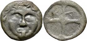 SKYTHIA. Olbia. Circa 437-410 BC. Cast unit (Bronze, 39 mm, 21.95 g). Facing gorgoneion. Rev. A-P-I-X within the spokes of a wheel. Anokhin 170. SNG B...