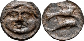SKYTHIA. Olbia. Circa 400-380 BC. Cast unit (Bronze, 37 mm, 19.22 g, 12 h). Facing gorgoneion. Rev. [OΛBI] Sea eagle flying right, wings raised, holdi...