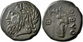 SKYTHIA. Olbia. Circa 310-280 BC. AE (Bronze, 24 mm, 12.43 g, 3 h). Horned head of the river-god Borysthenes to left. Rev. OΛBIO Axe and bow in bowcas...