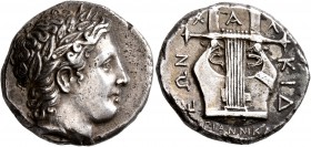 MACEDON, Chalkidian League. Circa 358-355 BC. Tetradrachm (Silver, 24 mm, 14.38 g, 7 h), Annikas, magistrate. Laureate head of Apollo to right. Rev. X...
