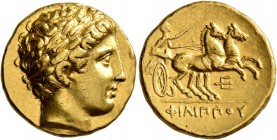 KINGS OF MACEDON. Philip II, 359-336 BC. Stater (Gold, 18 mm, 8.59 g, 4 h), Pella, struck under Philip II or Alexander III, circa 340-328. Laureate he...