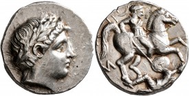 KINGS OF PAEONIA. Patraos, circa 335-315 BC. Tetradrachm (Silver, 23 mm, 12.78 g, 10 h). Laureate head of Apollo to right. Rev. [ΠΑΤΡΑΟΥ] Paeonian hor...
