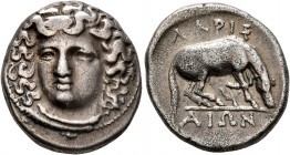 THESSALY. Larissa. Circa 356-342 BC. Drachm (Silver, 18 mm, 5.99 g, 1 h). Head of the nymph Larissa facing slightly to left, wearing ampyx, pendant ea...