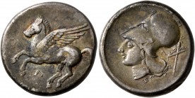AKARNANIA. Leukas. Circa 320-280 BC. Stater (Silver, 20 mm, 8.39 g, 6 h). Λ Pegasus flying left. Rev. Head of Athena to left, wearing Corinthian helme...