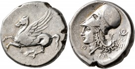 AKARNANIA. Thyrrheion. Circa 320-280 BC. Stater (Silver, 21 mm, 8.38 g, 6 h). Θ Pegasus flying left. Rev. Θ-Y Head of Athena to left, wearing laureate...