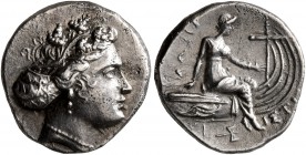 EUBOIA. Histiaia. 3rd-2nd centuries BC. Tetrobol (Silver, 14 mm, 2.42 g, 1 h). Head of the nymph Histiaia to right, wearing wreath of grape leaves and...