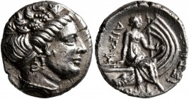 EUBOIA. Histiaia. 3rd-2nd centuries BC. Tetrobol (Silver, 14 mm, 2.36 g, 1 h). Head of the nymph Histiaia to right, wearing wreath of grape leaves and...