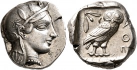 ATTICA. Athens. Circa 440s BC. Tetradrachm (Silver, 24 mm, 17.17 g, 1 h). Head of Athena to right, wearing crested Attic helmet decorated with three o...