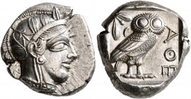 ATTICA. Athens. Circa 440s-430s BC. Tetradrachm (Silver, 24 mm, 17.19 g, 2 h). Head of Athena to right, wearing crested Attic helmet decorated with th...