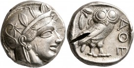 ATTICA. Athens. Circa 430s BC. Tetradrachm (Silver, 22 mm, 17.11 g, 2 h). Head of Athena to right, wearing crested Attic helmet decorated with three o...