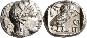 ATTICA. Athens. Circa 430s BC. Tetradrachm (Silver, 24 mm, 17.20 g, 7 h). Head of Athena to right, wearing crested Attic helmet decorated with three o...