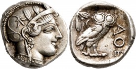 ATTICA. Athens. Circa 430s-420s BC. Tetradrachm (Silver, 25 mm, 17.22 g, 6 h). Head of Athena to right, wearing crested Attic helmet decorated with th...