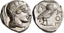 ATTICA. Athens. Circa 430s-420s BC. Tetradrachm (Silver, 25 mm, 17.20 g, 1 h). Head of Athena to right, wearing crested Attic helmet decorated with th...