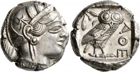 ATTICA. Athens. Circa 430s-420s BC. Tetradrachm (Silver, 24 mm, 17.20 g, 7 h). Head of Athena to right, wearing crested Attic helmet decorated with th...