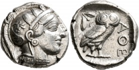 ATTICA. Athens. Circa 430s-420s BC. Tetradrachm (Silver, 24 mm, 17.12 g, 10 h). Head of Athena to right, wearing crested Attic helmet decorated with t...