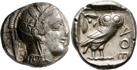 ATTICA. Athens. Circa 430s-420s BC. Tetradrachm (Silver, 24 mm, 17.14 g, 10 h). Head of Athena to right, wearing crested Attic helmet decorated with t...