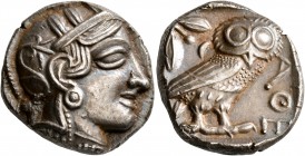 ATTICA. Athens. Circa 420s-404 BC. Tetradrachm (Silver, 24 mm, 17.15 g, 9 h). Head of Athena to right, wrearing crested Attic helmet decorated with th...