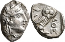 ATTICA. Athens. Circa 393-355 BC. Tetradrachm (Silver, 25 mm, 17.02 g, 8 h). Head of Athena to right, wrearing crested Attic helmet decorated with thr...