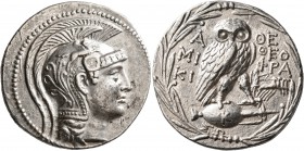 ATTICA. Athens. Circa 165-42 BC. Tetradrachm (Silver, 30 mm, 16.80 g, 11 h), Miki.. and Theophra..., magistrate, 137/6. Head of Athena Parthenos to ri...