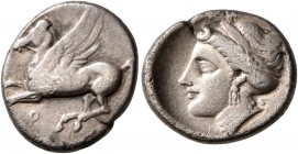 CORINTHIA. Corinth. Circa 350-300 BC. Drachm (Silver, 14 mm, 2.52 g, 9 h). Ϙ Pegasos flying left. Rev. Head of Aphrodite to left, wearing pendant earr...