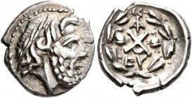ACHAIA, Achaian League. Lakedaimon (Sparta). Circa 85 BC. Tetrobol (Silver, 15 mm, 2.37 g, 4 h). Laureate head of Zeus to right. Rev. Achaean League m...